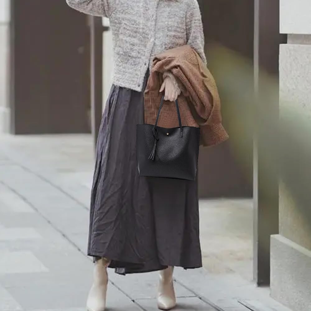 Ladies Handbag, Black Tote Bag for Ladies, Handbags for Women Soft Leather Large Capacity Waterproof Modern Handbag for Work School Shopping Leisure