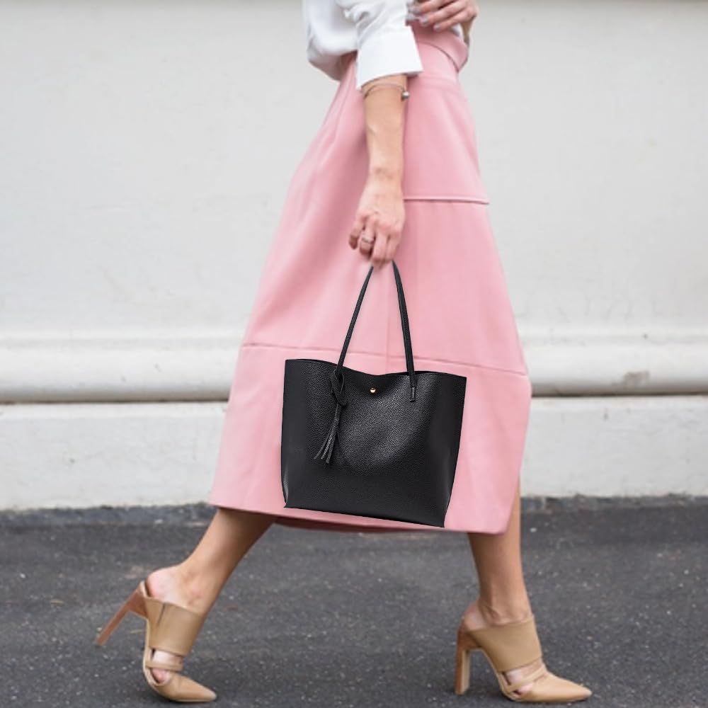 Ladies Handbag, Black Tote Bag for Ladies, Handbags for Women Soft Leather Large Capacity Waterproof Modern Handbag for Work School Shopping Leisure