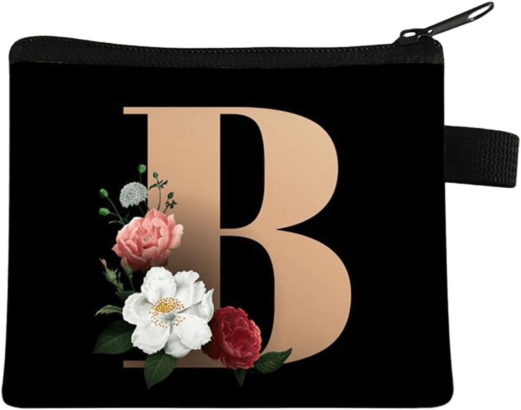 FAVORTALK Coin Purse Women Initial Purse Small Coin Pouch Portable Coin Bag Zipped Mini Slim Coin Purses for Girls Men Black Flowral Wallets - 13604
