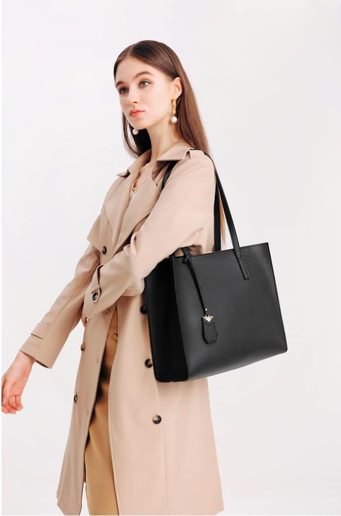 Women's Tote Bag Large Handbag Soft Leather Simple Shoulder Bag with Zipper for School Work Leisure (A-Black)