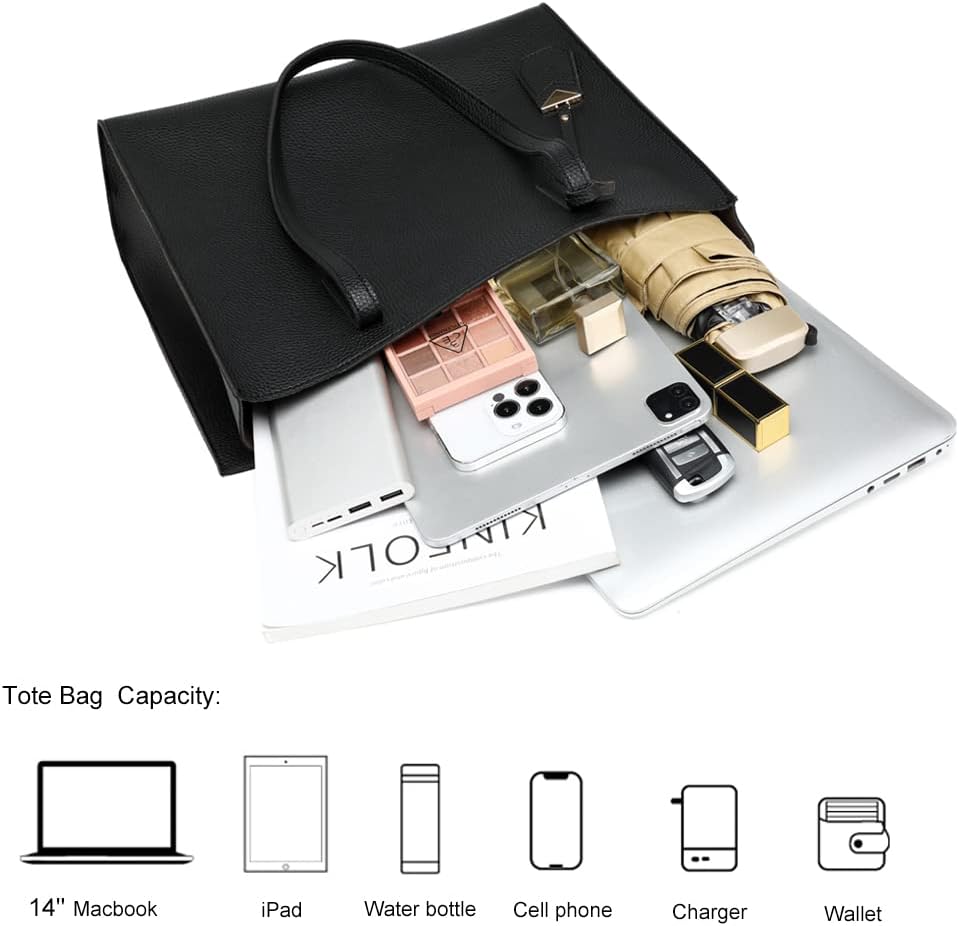 Women's Tote Bag Large Handbag Soft Leather Simple Shoulder Bag with Zipper for School Work Leisure (A-Black)