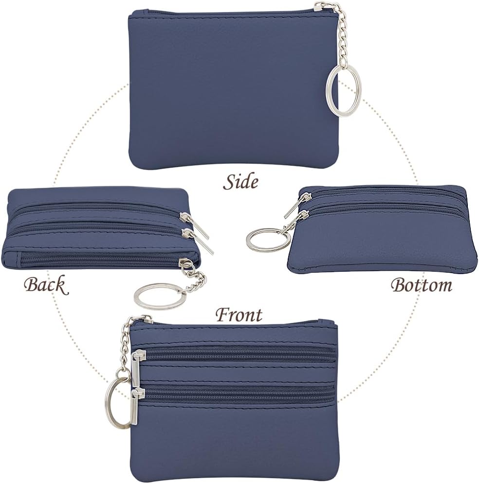 Small Coin Purse, Leather Wallet, Credit Card Purse with Three Compartments, Zipper, Key Ring, Business Card, Mini Wallet for Women, Blue