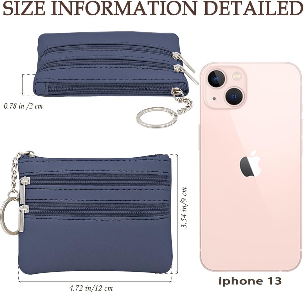 Small Coin Purse, Leather Wallet, Credit Card Purse with Three Compartments, Zipper, Key Ring, Business Card, Mini Wallet for Women, Blue
