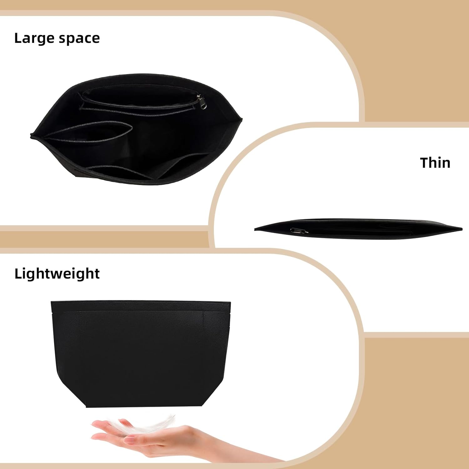 Bag Organiser, Tote Bag Organizer Insert With Zipper ,Purse Insert Organizer, Multi Pocket Felt Handbag Wallet Organizers, Folding Handbag Felt Insert For Bag Organizer Insert for Longchamp (Black, L)