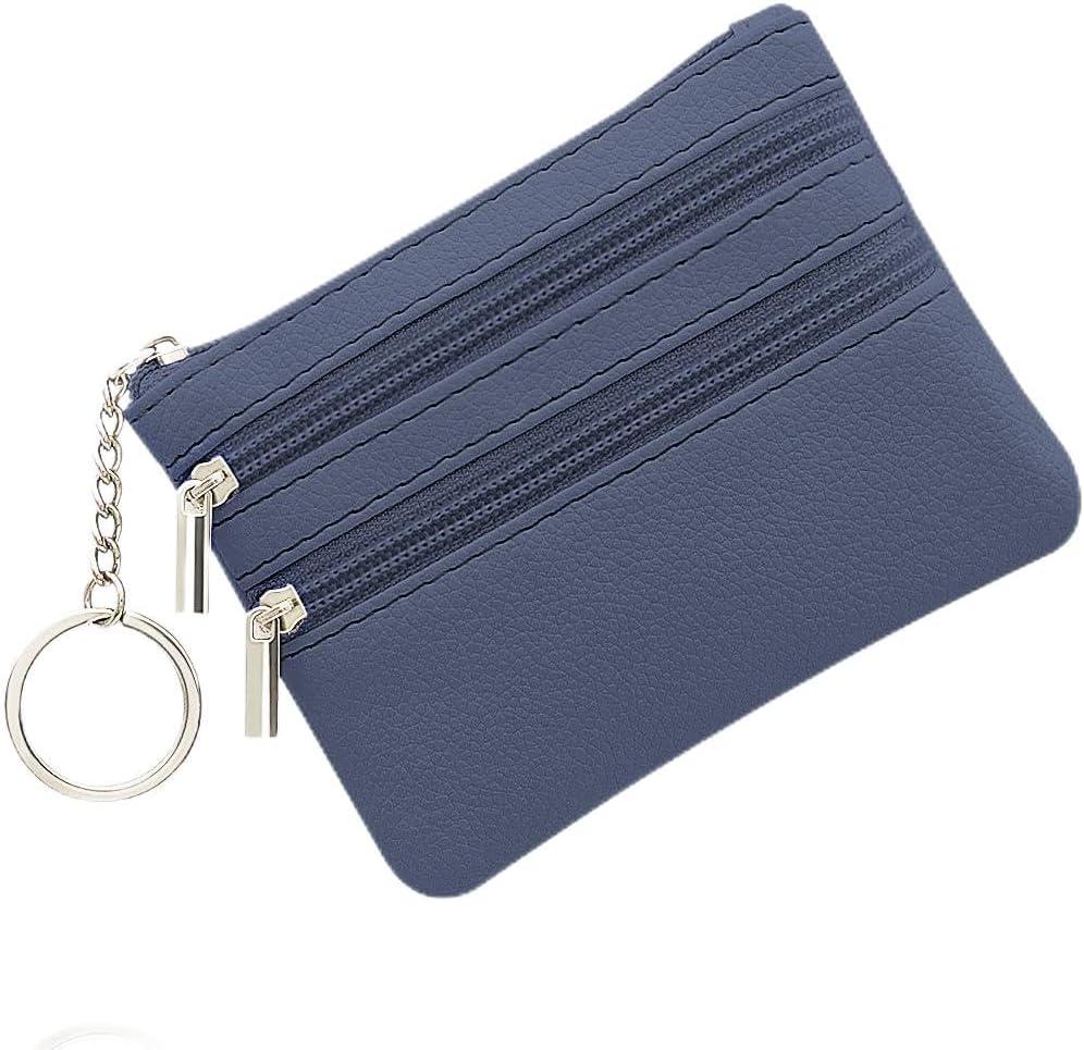 Small Coin Purse, Leather Wallet, Credit Card Purse with Three Compartments, Zipper, Key Ring, Business Card, Mini Wallet for Women, Blue