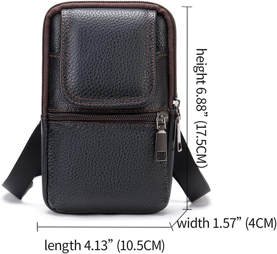 Mens Leather Black Waist Pouch, Crossbody Bag Men, Vertical Cell Phone Belt Loop Holster Smartphone Shoulder Messenger Bag Zipper Cross Body Purse Handbag Wallet