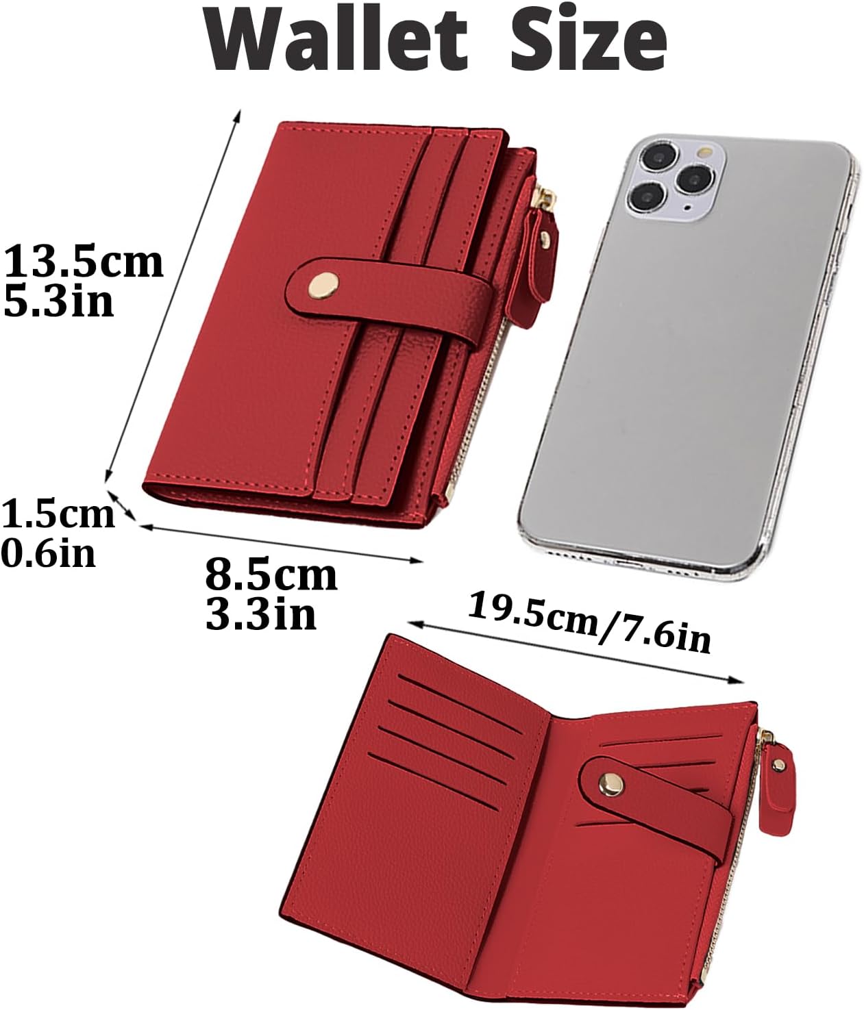 Wallet for Woman, Slim Credit Card Wallets Small Wallet with Buckle Zipper Slim Wallet Purse (Red)