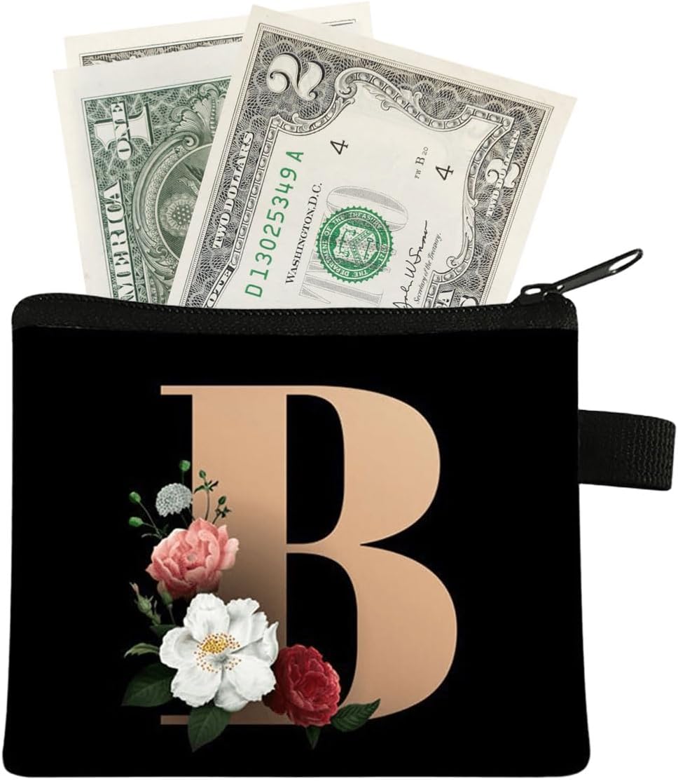 FAVORTALK Coin Purse Women Initial Purse Small Coin Pouch Portable Coin Bag Zipped Mini Slim Coin Purses for Girls Men Black Flowral Wallets - 13604