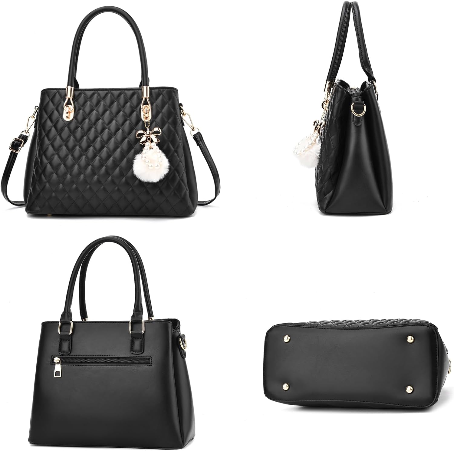 I IHAYNER Womens Leather Handbag and Wallet Set Top Handle Tote Satchel Shoulder Bag for Ladies with Pompom 2 Piece Purse Set