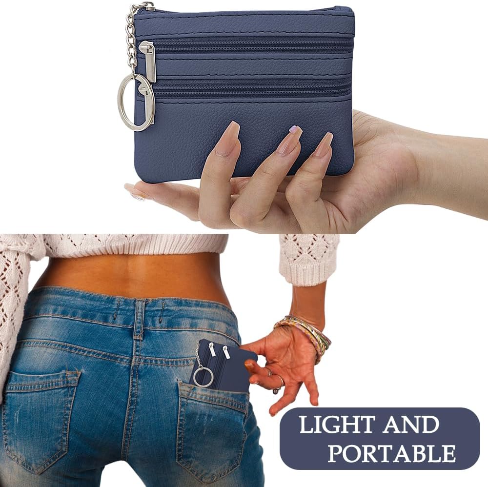 Small Coin Purse, Leather Wallet, Credit Card Purse with Three Compartments, Zipper, Key Ring, Business Card, Mini Wallet for Women, Blue