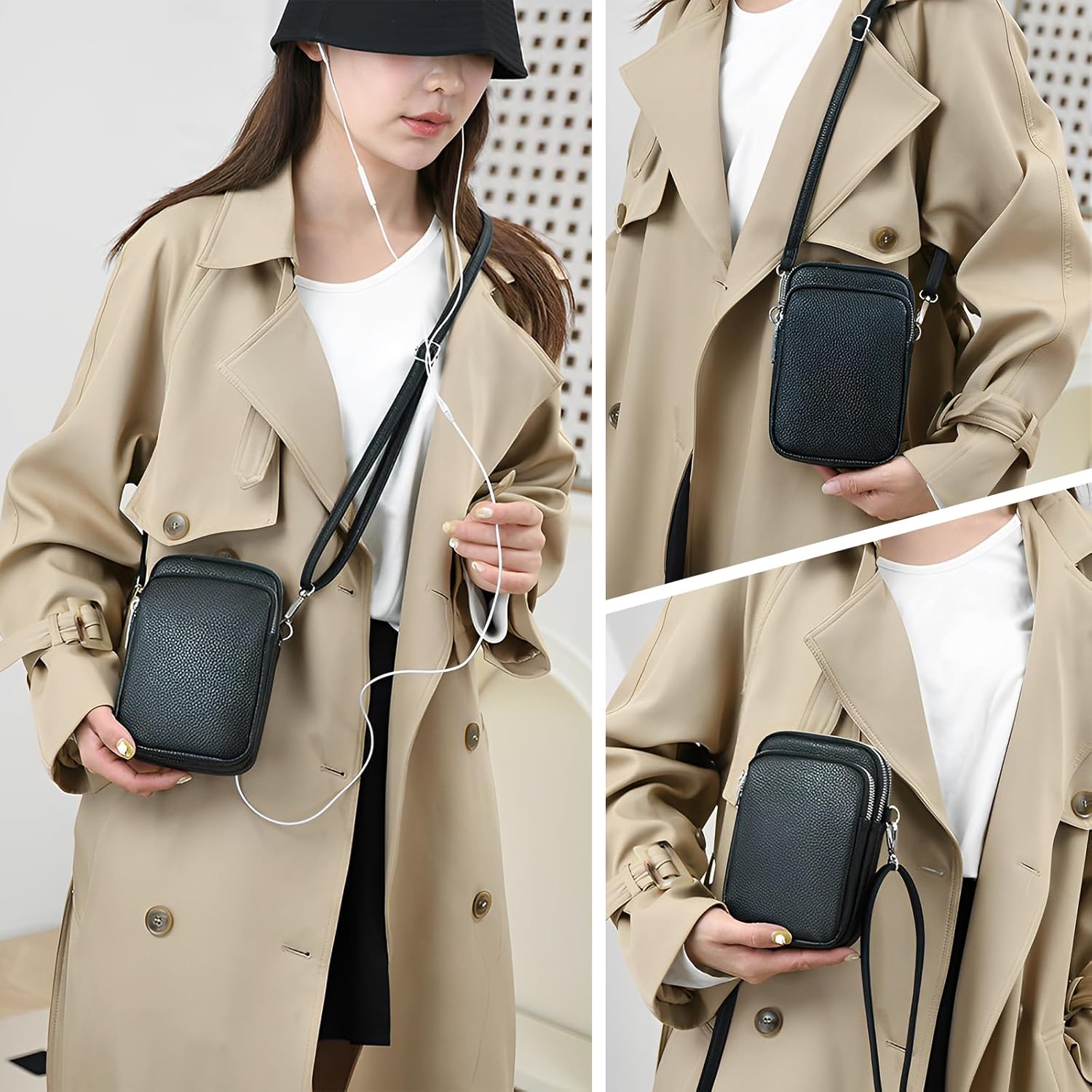 Soft Vegan Leather Phone Crossbody Bag for Women 3 Layer Zipper Pockets Cell Phone Purse Wallet Mini Shoulder Handbags with Adjustable Strap