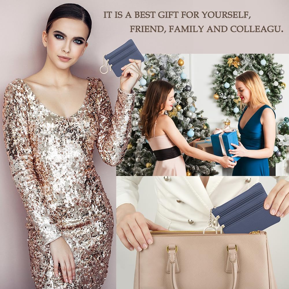 Small Coin Purse, Leather Wallet, Credit Card Purse with Three Compartments, Zipper, Key Ring, Business Card, Mini Wallet for Women, Blue