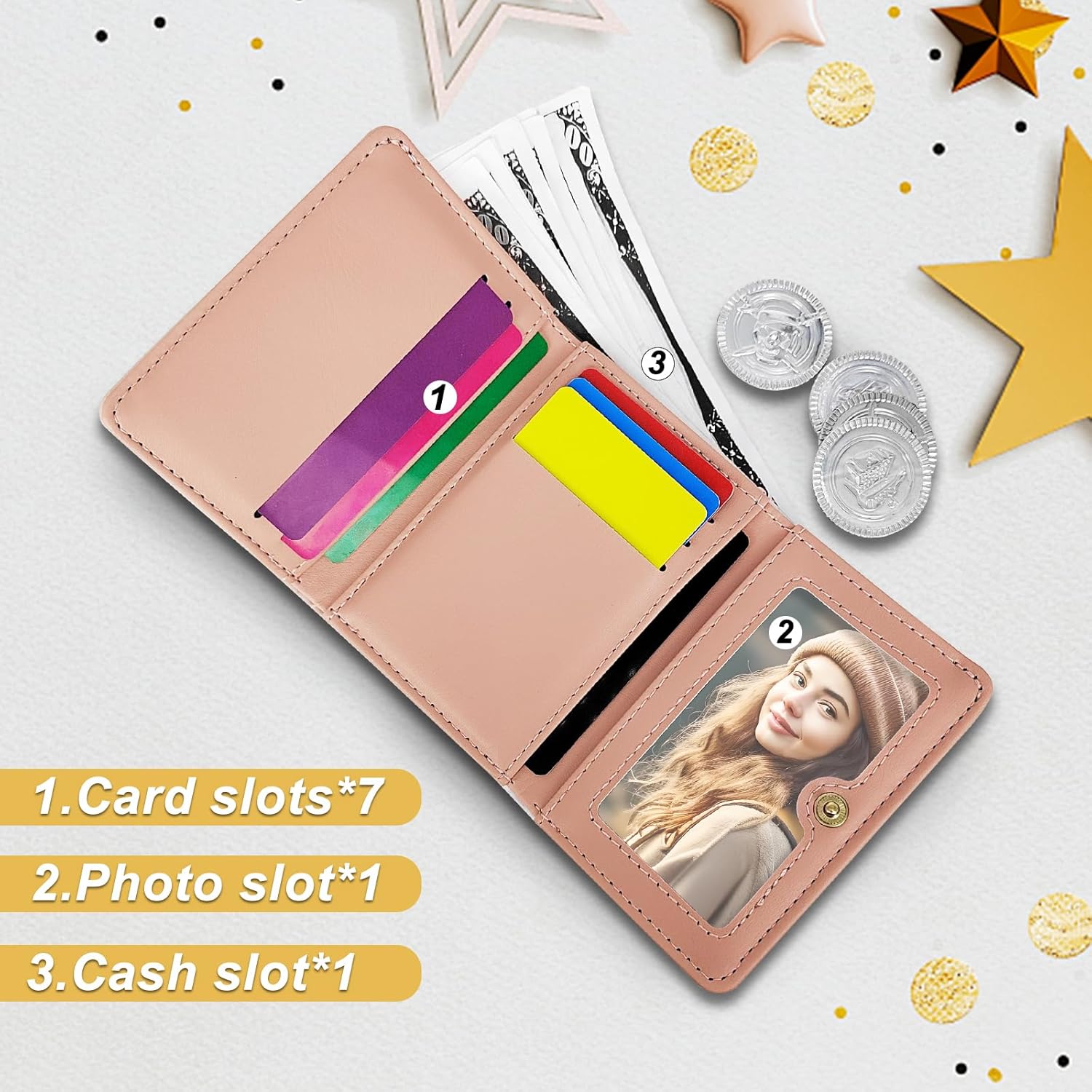 FuninCrea Small Ladies Purse Cute Panda Wallet for Women and Girls, PU Leather Women Wallet with 7 Card Slots and ID Windows, Womens Purse for Card, ID Card, Photo, Cash (Pink Panda)