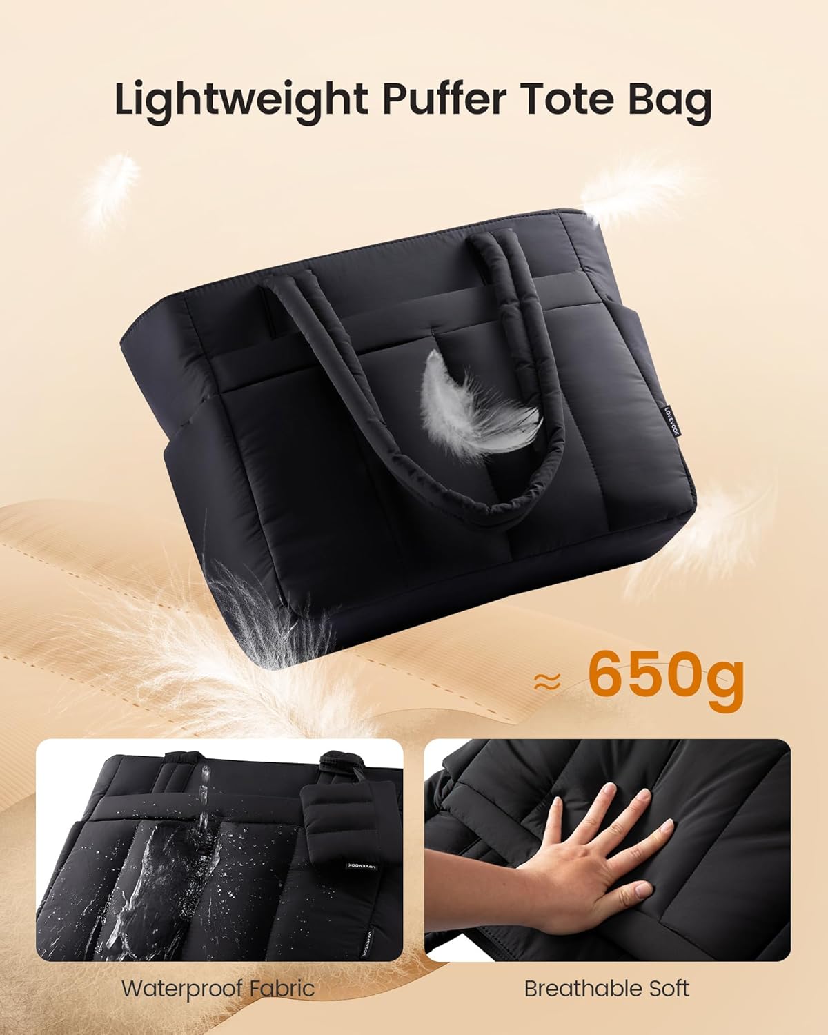 LOVEVOOK Tote Bag for Women, Lightweight Puffer Laptop Handbags Work Bags with Zip and Compartments, Large Capacity Quilted Shoulder Bag for Work, School, Travel, Beach, Gym