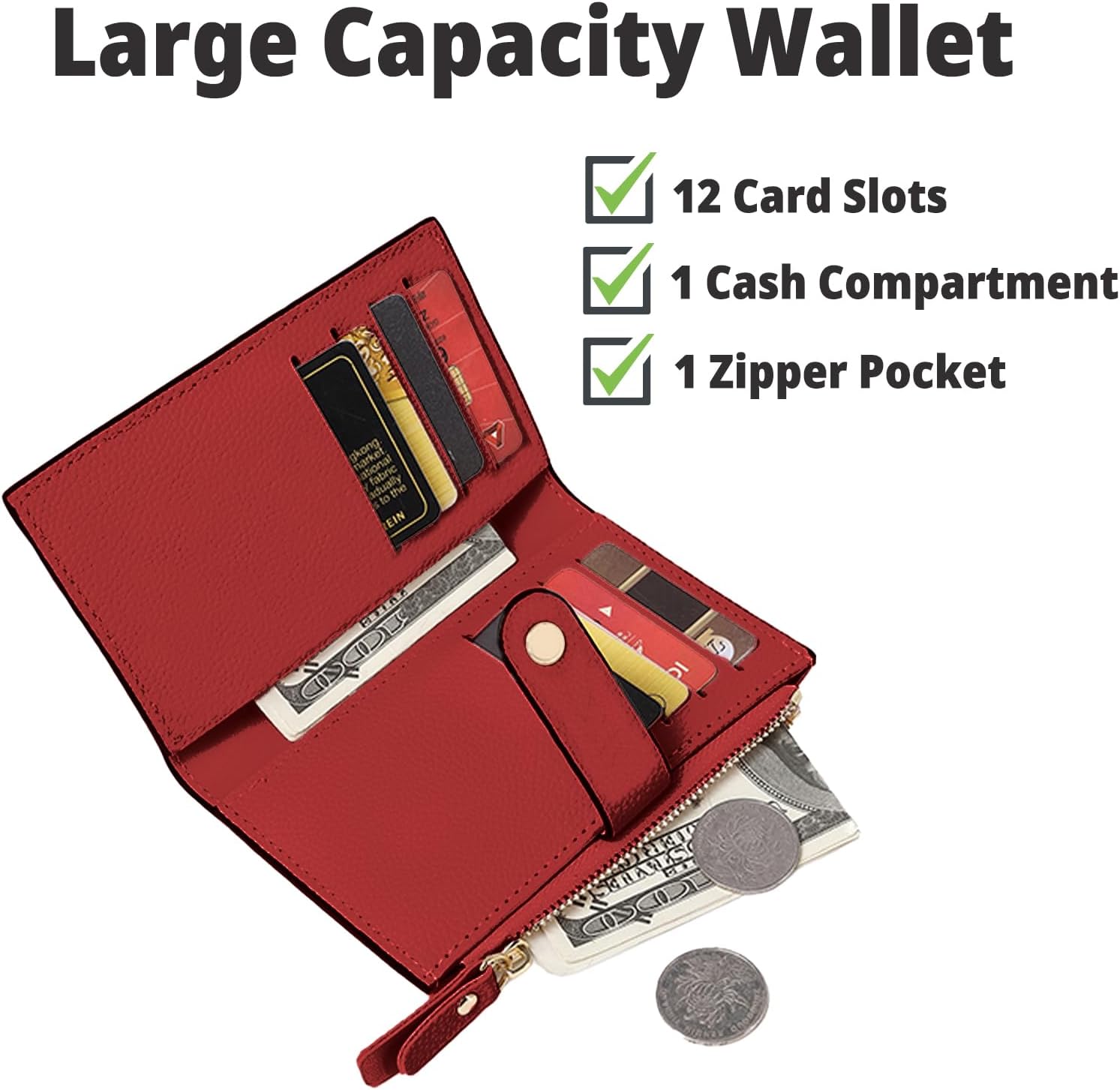 Wallet for Woman, Slim Credit Card Wallets Small Wallet with Buckle Zipper Slim Wallet Purse (Red)
