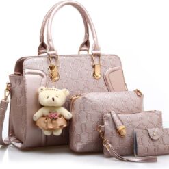 Women PU Leather Handbag Top Handle bag Messenger Bag Shoulder Bag Tote Bag Card Purse in Gold （4 Pcs Set）