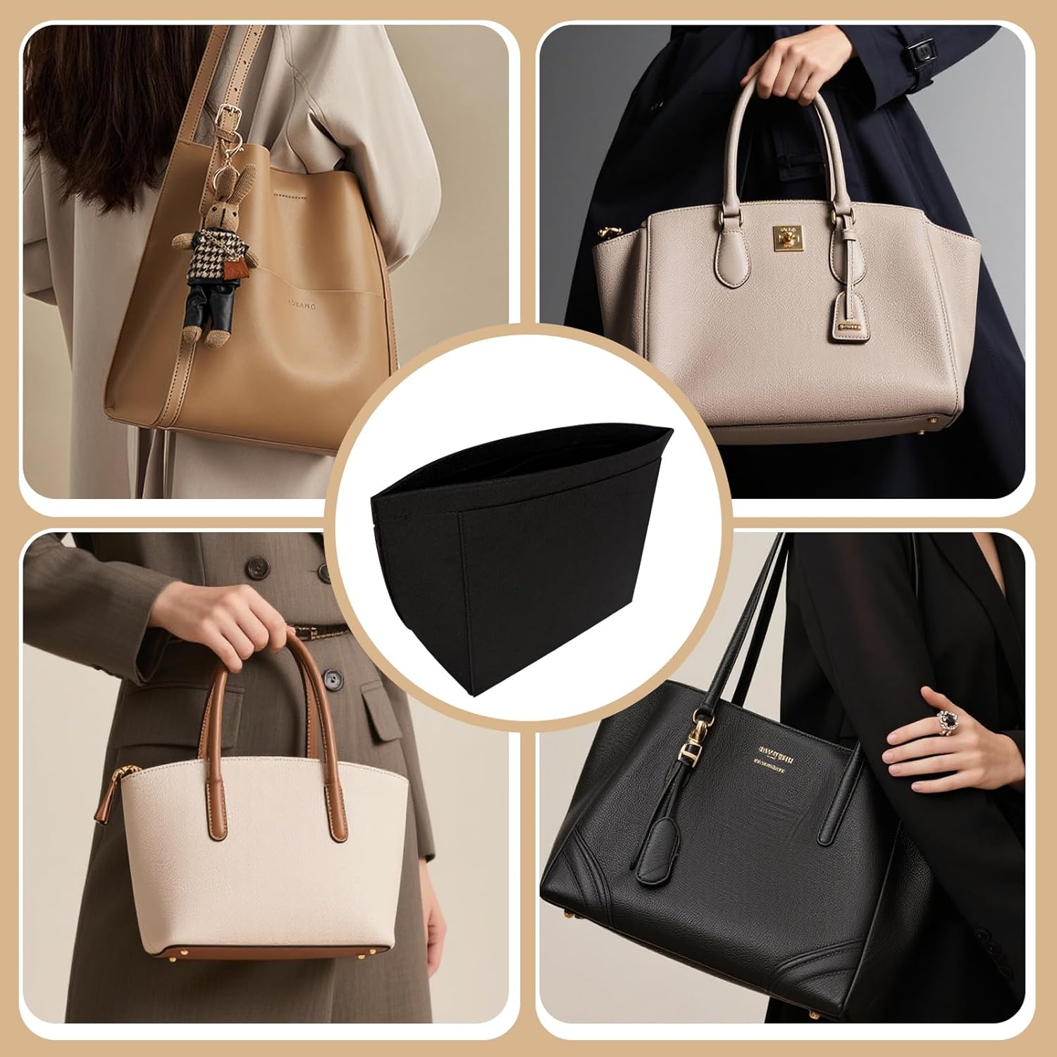 Bag Organiser, Tote Bag Organizer Insert With Zipper ,Purse Insert Organizer, Multi Pocket Felt Handbag Wallet Organizers, Folding Handbag Felt Insert For Bag Organizer Insert for Longchamp (Black, L)