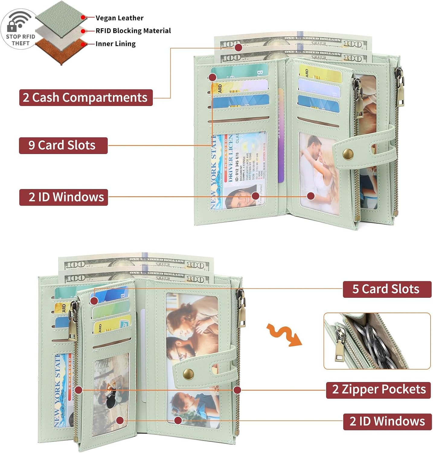 GAEKEAO Small Purses for Women RFID Blocking Leather Trifold Ladies Purses Credit Card Holder Case with ID Window