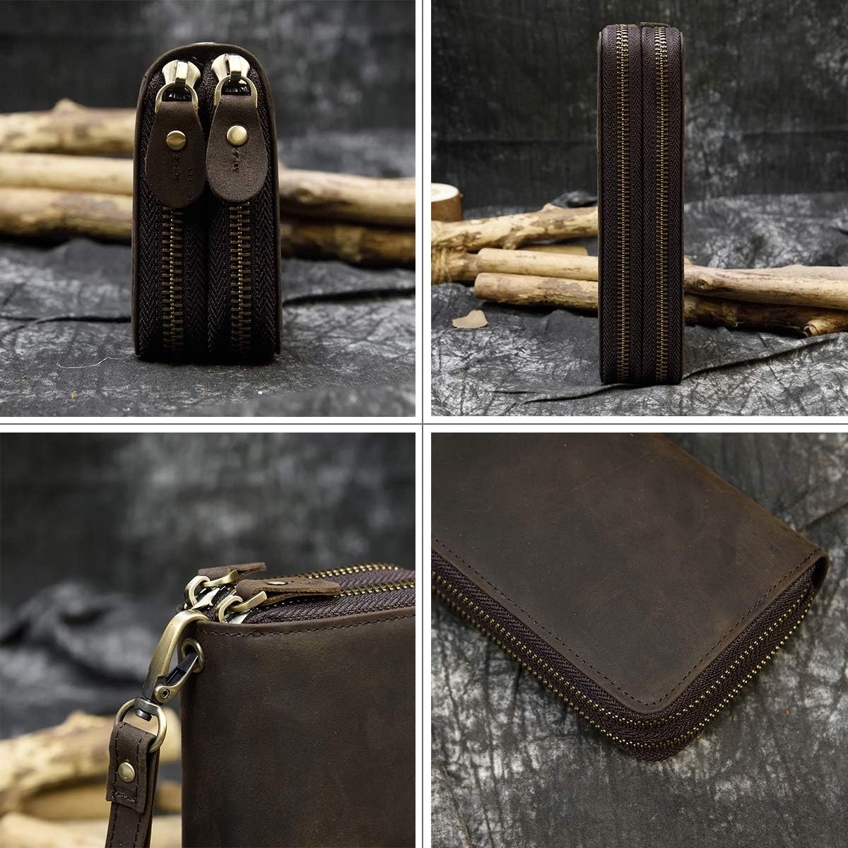 LUUFAN Men's Genuine Leather Long Wallet with Zipper Pocket Vintage Bifold Checkbook Purse