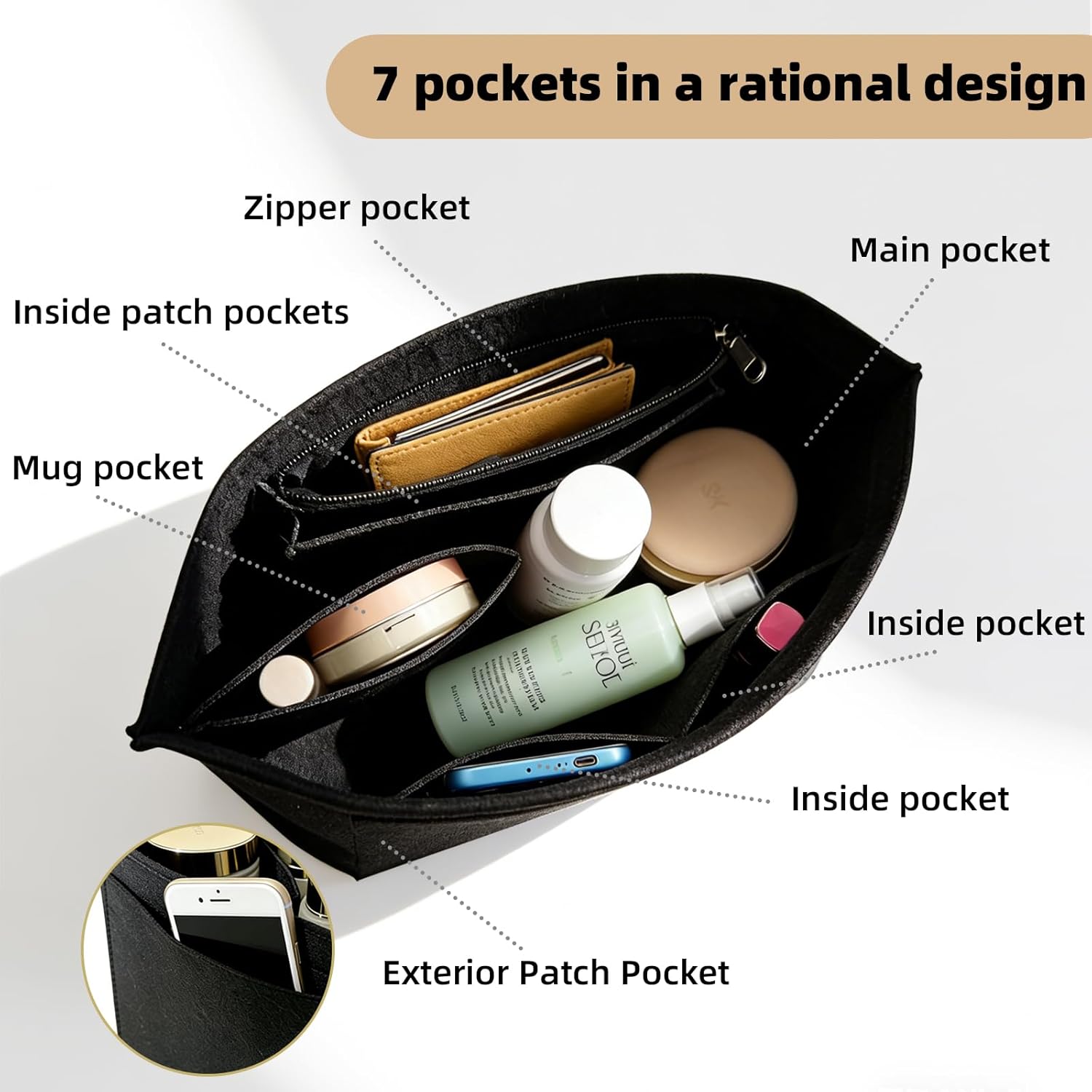 Bag Organiser, Tote Bag Organizer Insert With Zipper ,Purse Insert Organizer, Multi Pocket Felt Handbag Wallet Organizers, Folding Handbag Felt Insert For Bag Organizer Insert for Longchamp (Black, L)