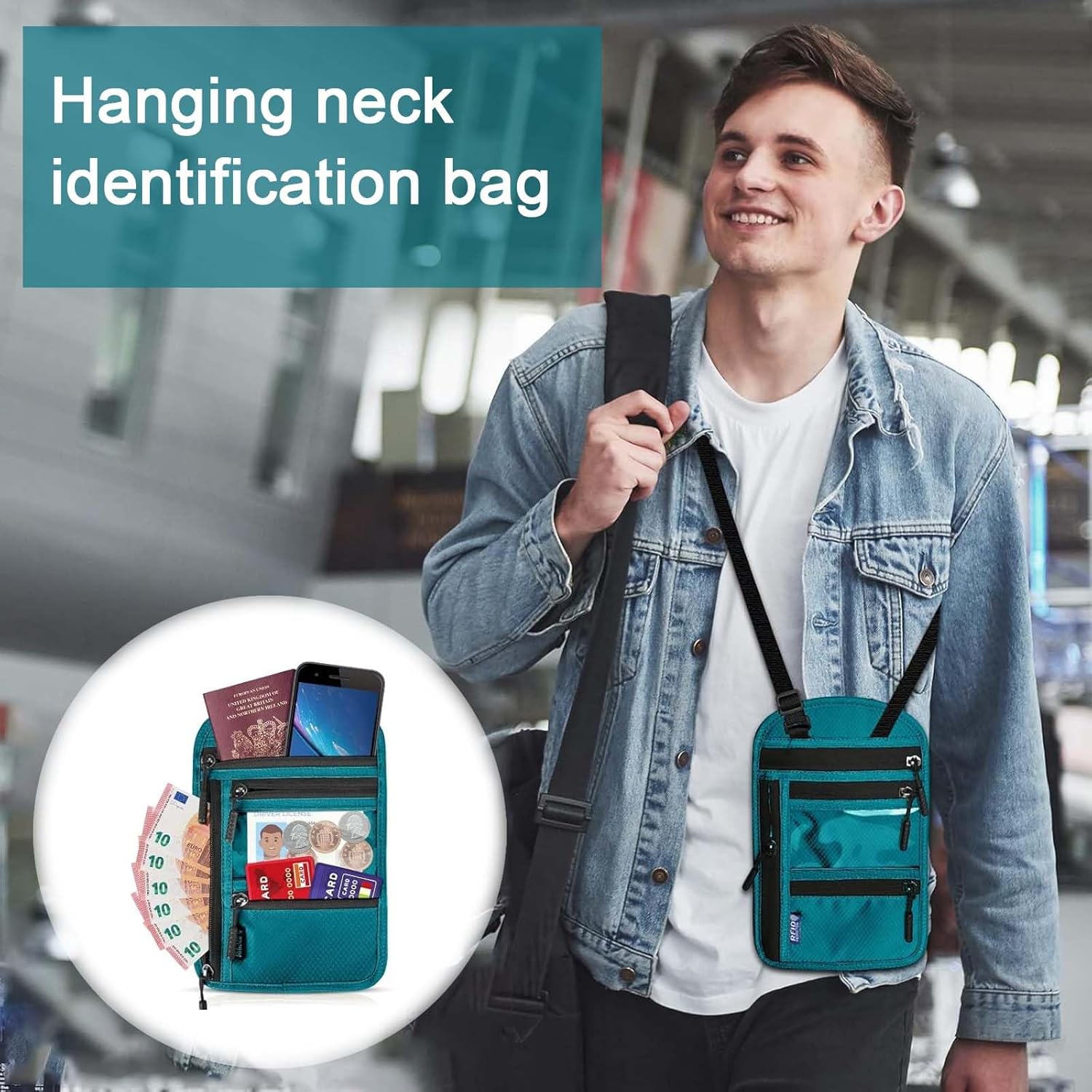 Travel Neck Wallet Passport Holder RFID Blocking Waterproof Passport Wallet Pouch Travel Document Holder Organiser Bag with Adjustable Neck Strap Men Women