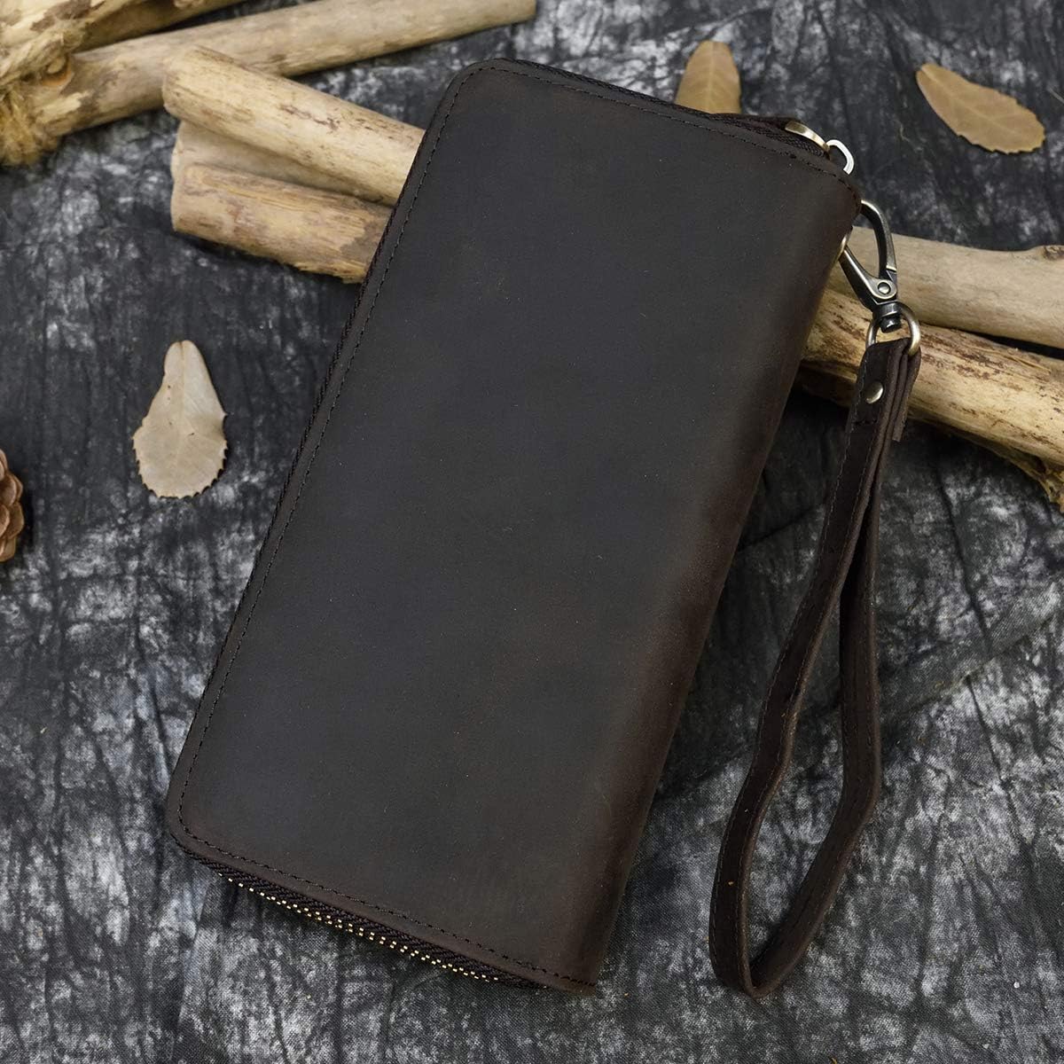 LUUFAN Men's Genuine Leather Long Wallet with Zipper Pocket Vintage Bifold Checkbook Purse