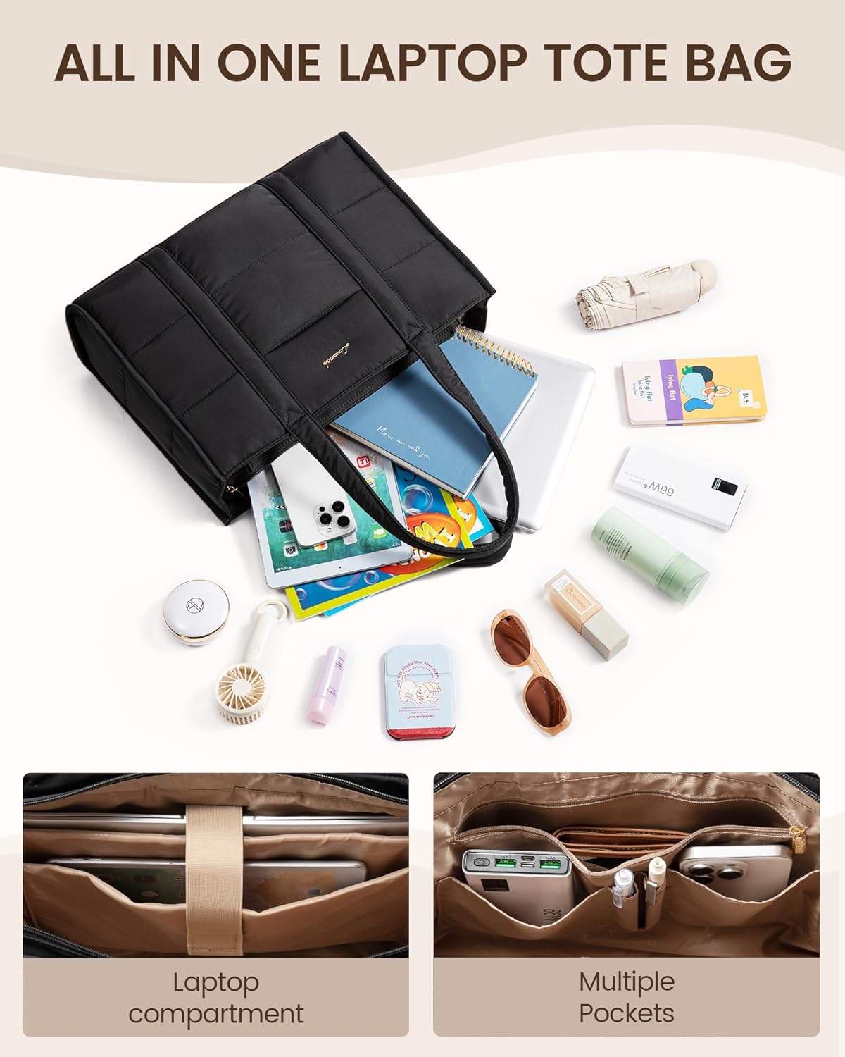 LOVEVOOK Tote Bags for Women, Puffer Quilted Work Bag Ladies Handbags with Zip, Large Womens Totes Hand Bag with Laptop Compartments for School Uni Teacher College