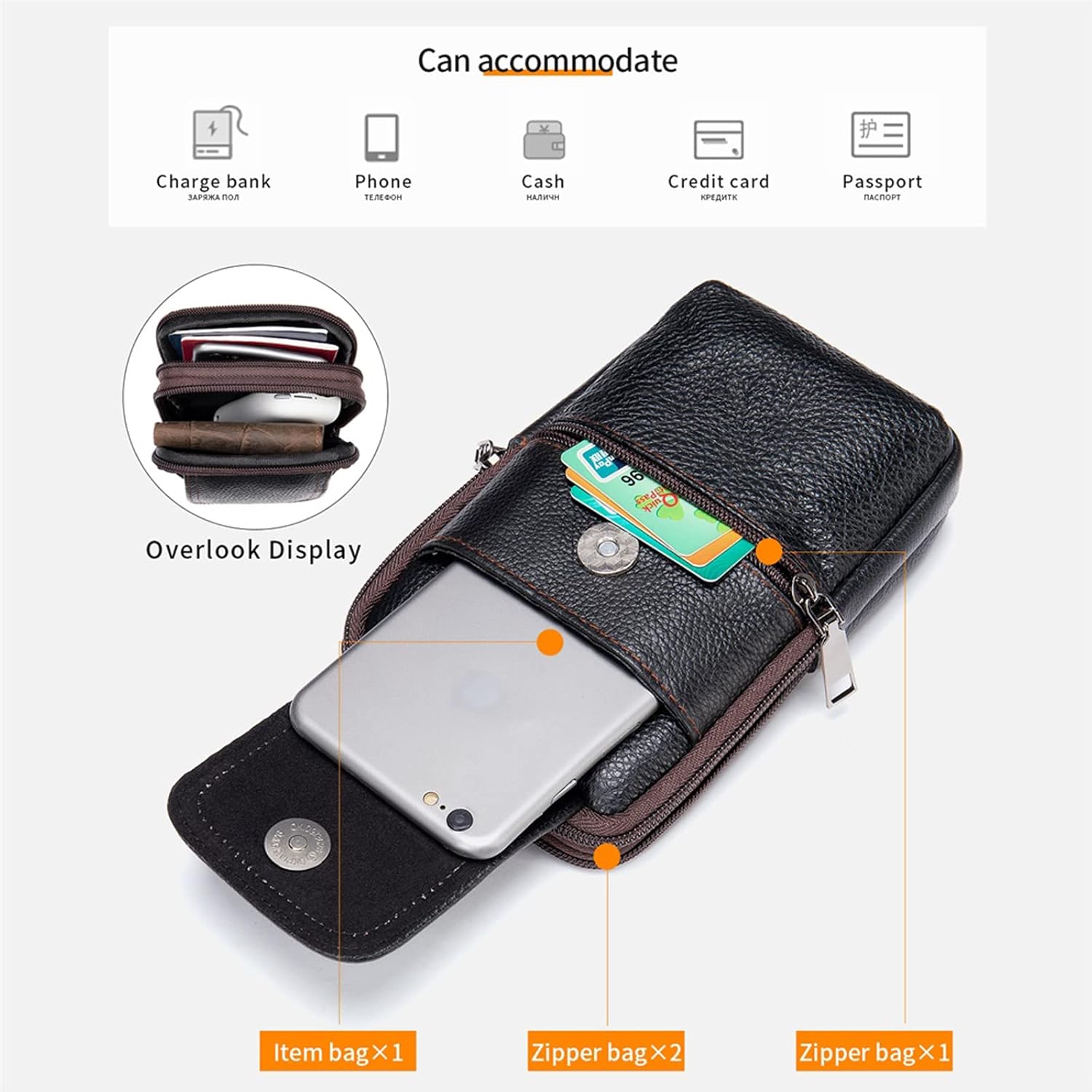 Mens Leather Black Waist Pouch, Crossbody Bag Men, Vertical Cell Phone Belt Loop Holster Smartphone Shoulder Messenger Bag Zipper Cross Body Purse Handbag Wallet