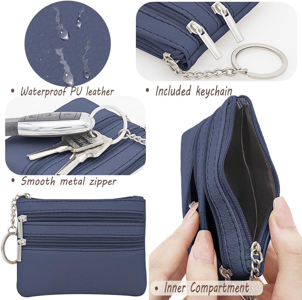 Small Coin Purse, Leather Wallet, Credit Card Purse with Three Compartments, Zipper, Key Ring, Business Card, Mini Wallet for Women, Blue