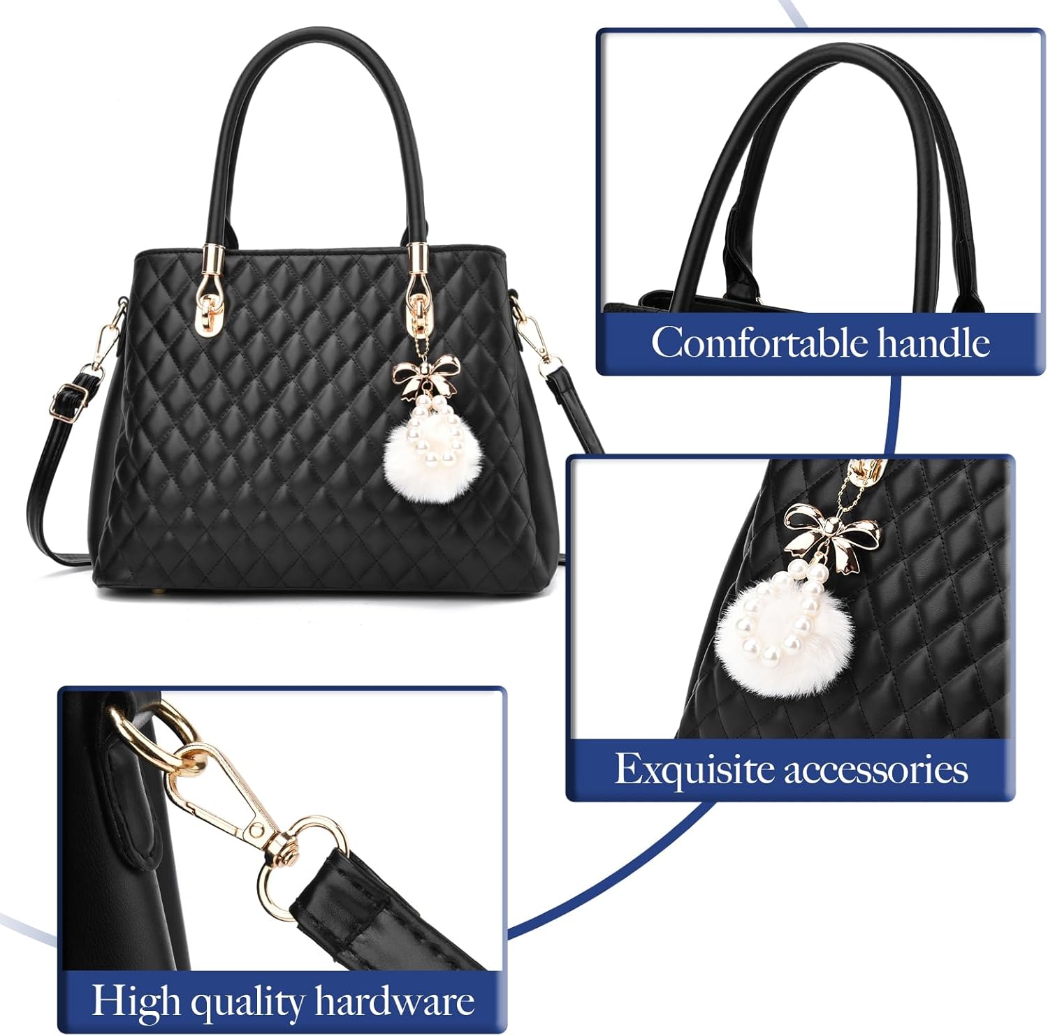 I IHAYNER Womens Leather Handbag and Wallet Set Top Handle Tote Satchel Shoulder Bag for Ladies with Pompom 2 Piece Purse Set