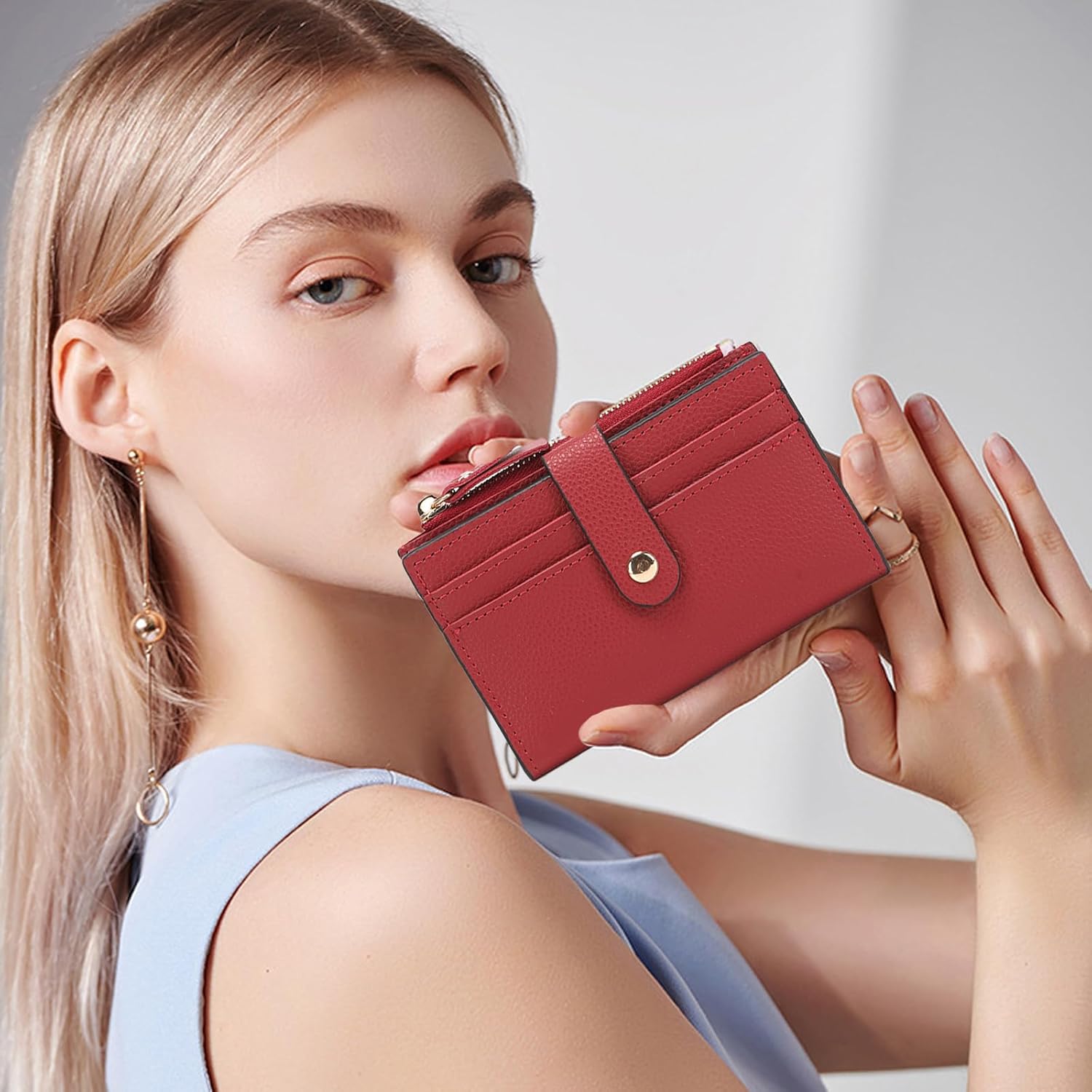 Wallet for Woman, Slim Credit Card Wallets Small Wallet with Buckle Zipper Slim Wallet Purse (Red)