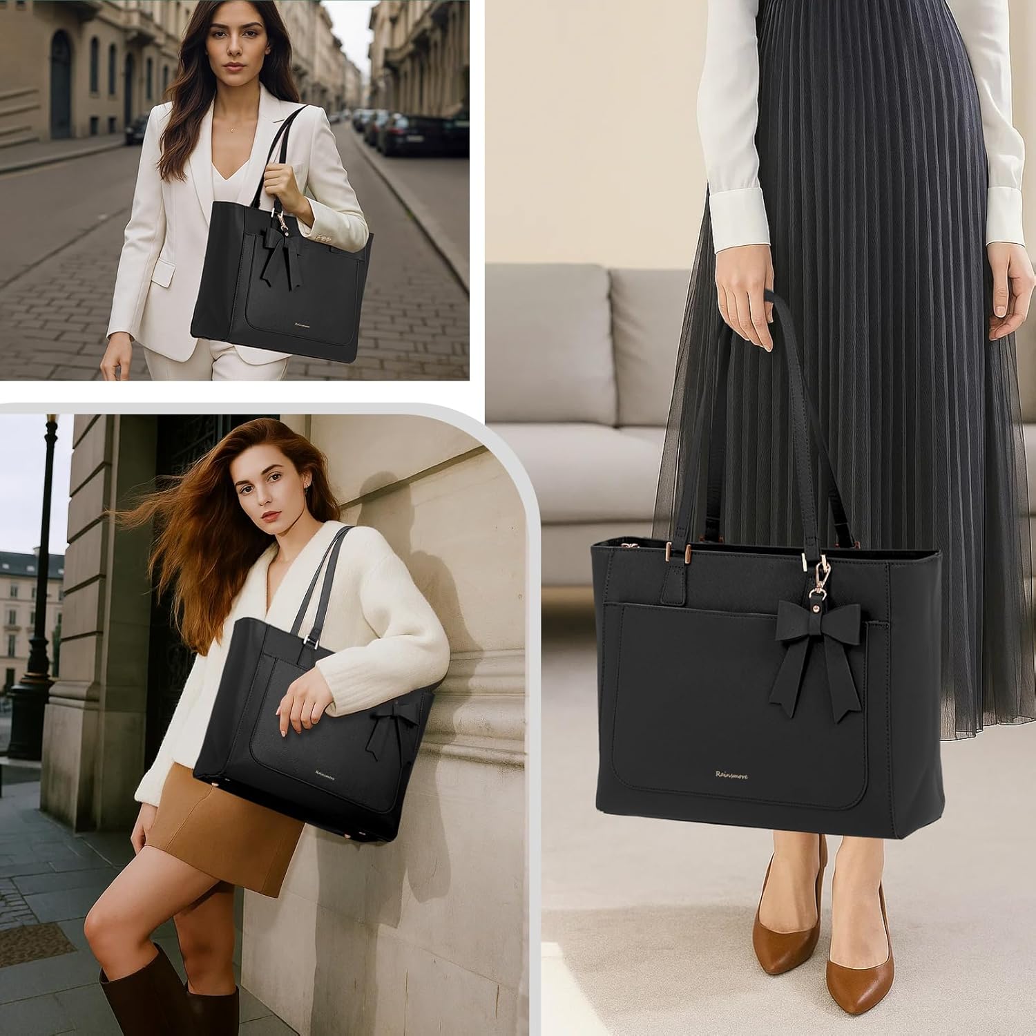 RAINSMORE Tote Bags for Women Large Handbags for Women Waterproof PU Leather Shoulder Bag Ladies Tote Bag with Zip Handbag for School Work Travel Daily Black