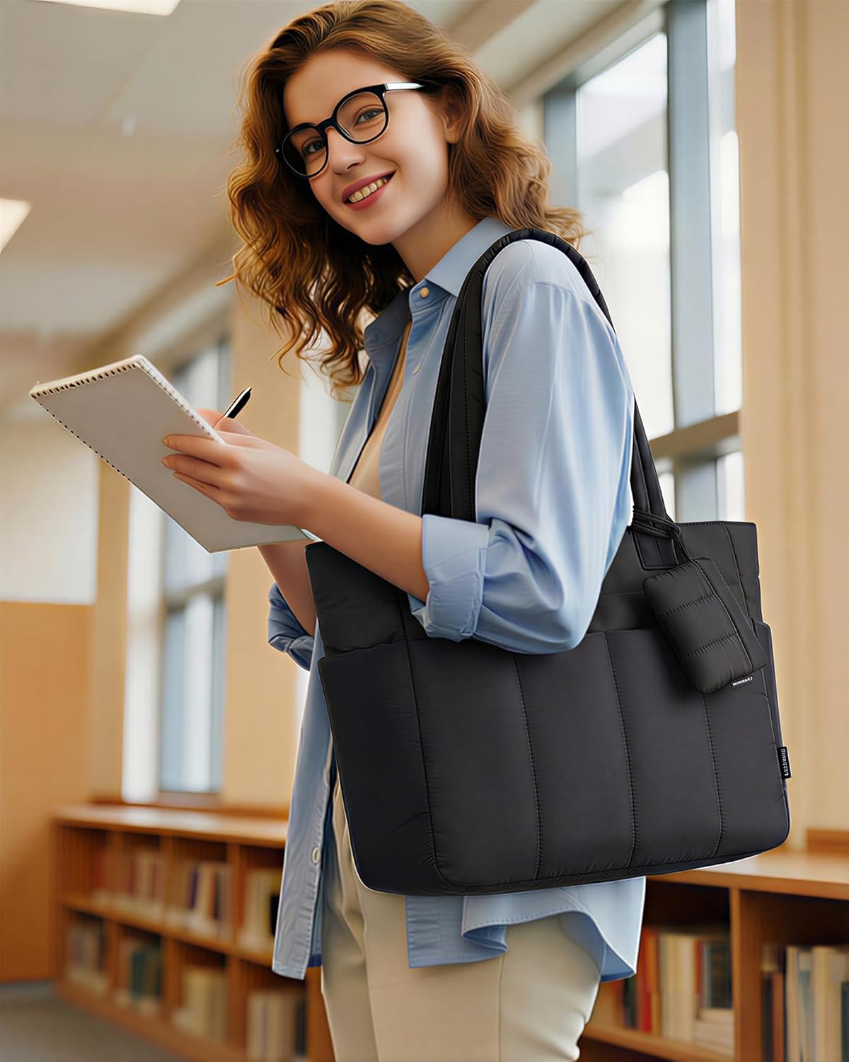 LOVEVOOK Tote Bag for Women, Lightweight Puffer Laptop Handbags Work Bags with Zip and Compartments, Large Capacity Quilted Shoulder Bag for Work, School, Travel, Beach, Gym