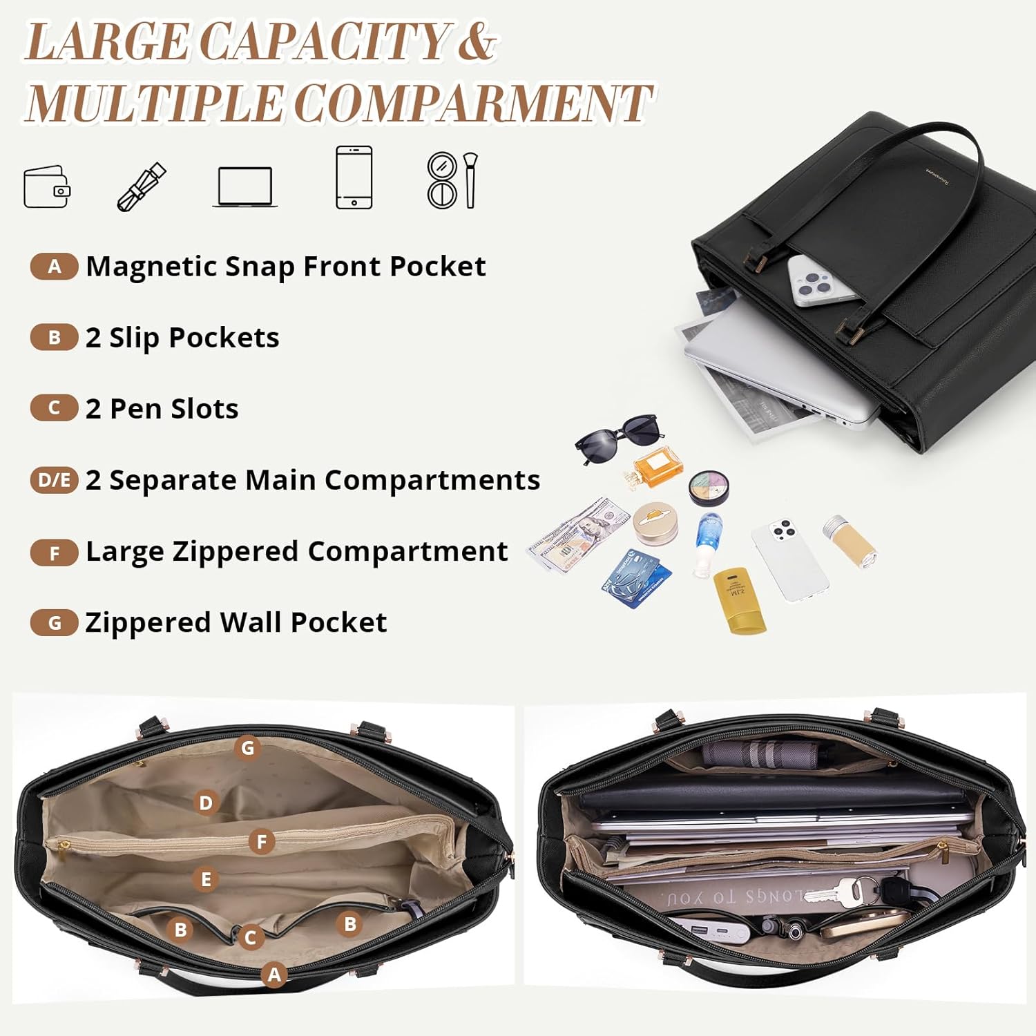 RAINSMORE Tote Bags for Women Large Handbags for Women Waterproof PU Leather Shoulder Bag Ladies Tote Bag with Zip Handbag for School Work Travel Daily Black