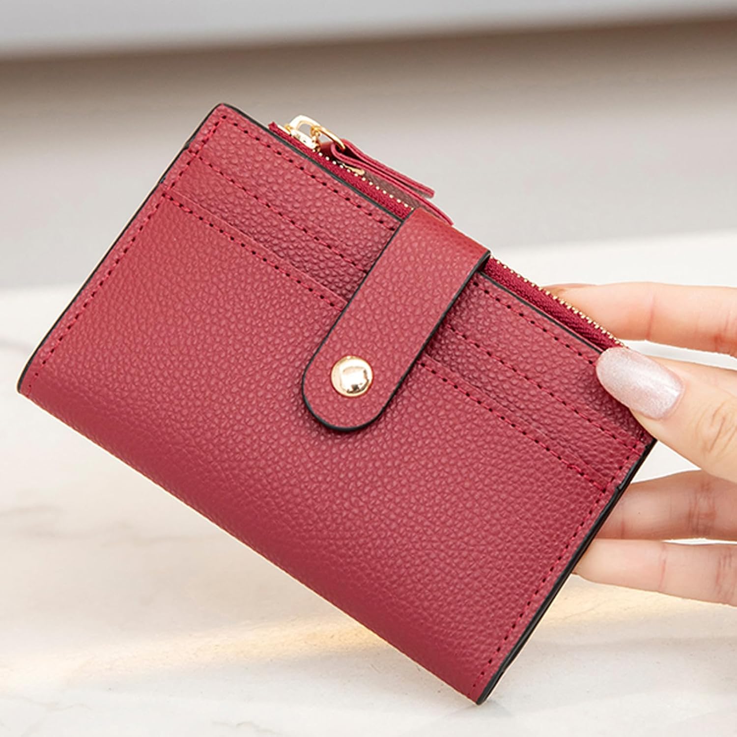 Wallet for Woman, Slim Credit Card Wallets Small Wallet with Buckle Zipper Slim Wallet Purse (Red)