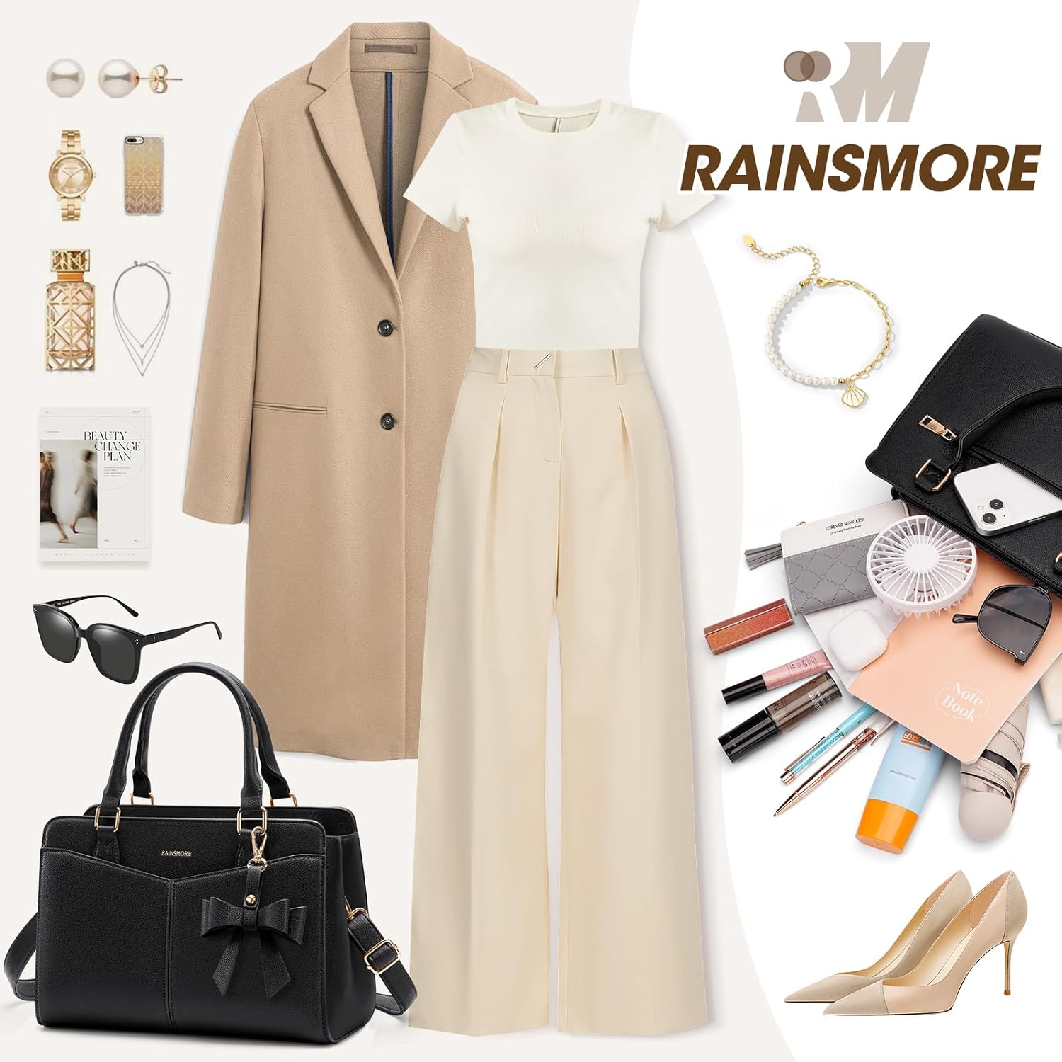 RAINSMORE Handbags for Women PU Leather Designer Handbags for Women Elegant Top Handle Shoulder Bag Tote Bag for Casual Travel