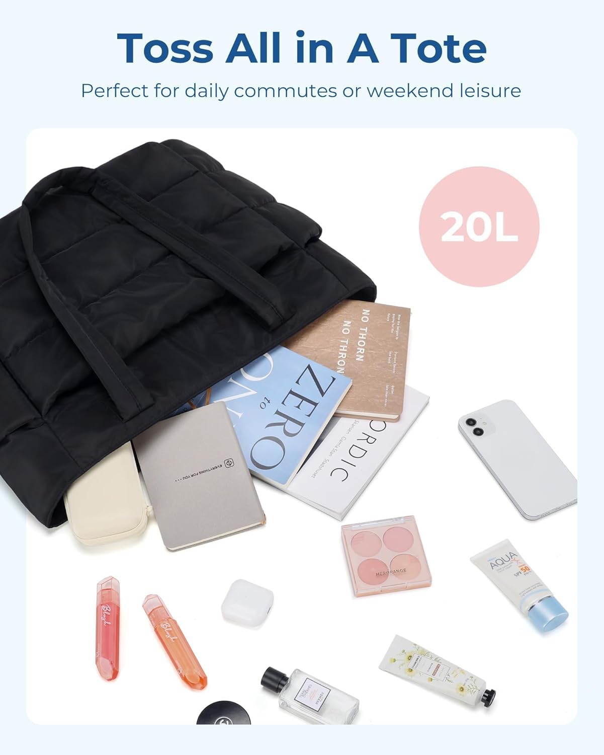 bagsmart Women's Tote Bag, Lightweight Fluffy Handbag with Compartments, Shoulder Bag for Travel, Beach, Gym, Work, School