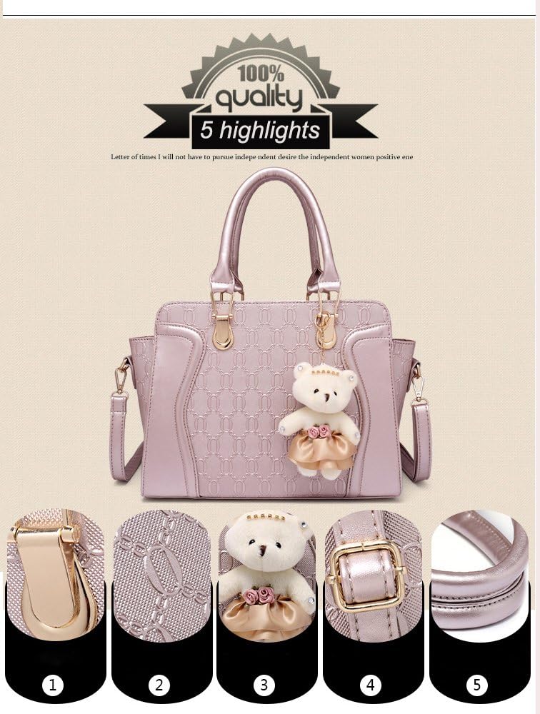 Women PU Leather Handbag Top Handle bag Messenger Bag Shoulder Bag Tote Bag Card Purse in Gold (4 Pcs Set)