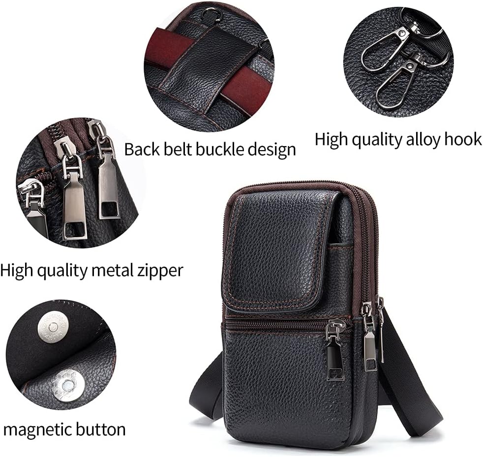 Mens Leather Black Waist Pouch, Crossbody Bag Men, Vertical Cell Phone Belt Loop Holster Smartphone Shoulder Messenger Bag Zipper Cross Body Purse Handbag Wallet