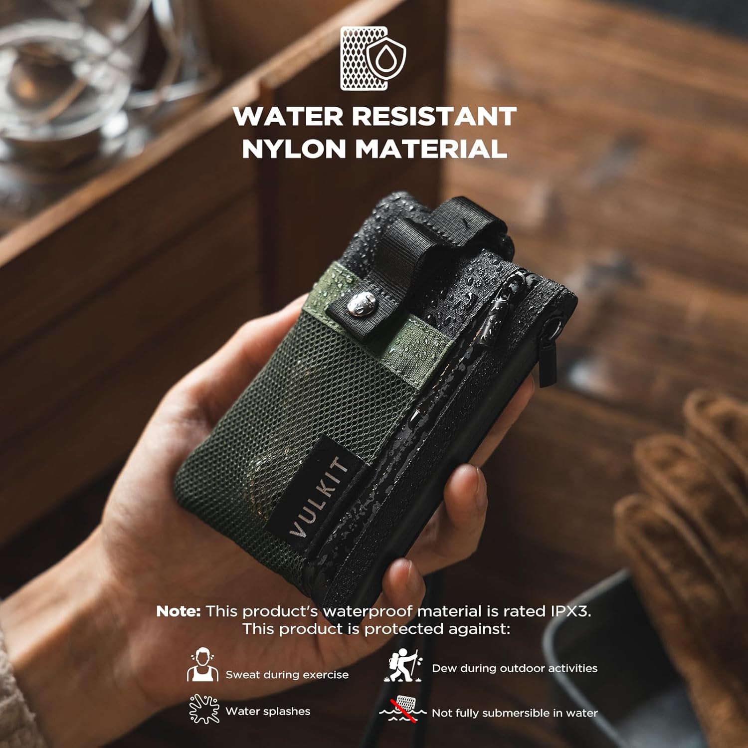 VULKIT Minimalist Small Wallet with ID Window, RFID Blocking Card Holder Water Resistant Zip ID Card Case Wallet with Lanyard Keychain for Cards,Cash,Key, Coin (Army-Green-Black)