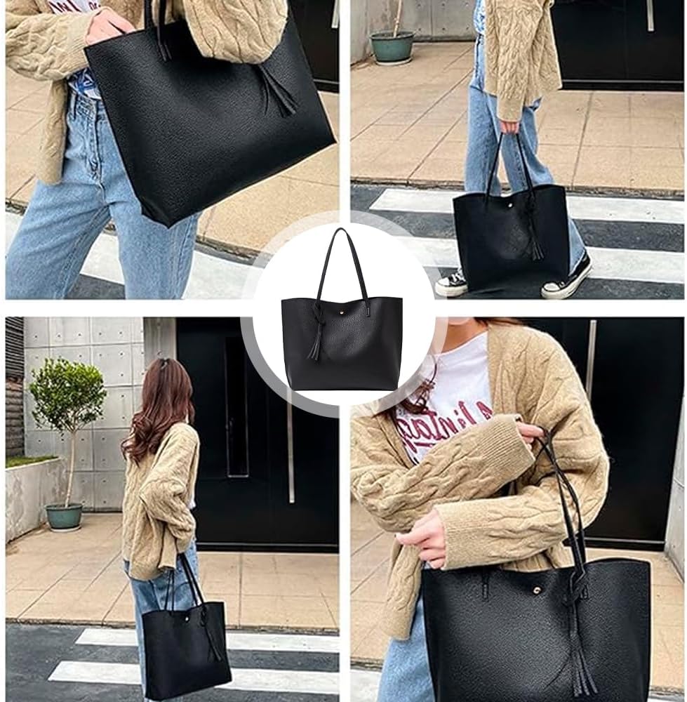 Ladies Handbag, Black Tote Bag for Ladies, Handbags for Women Soft Leather Large Capacity Waterproof Modern Handbag for Work School Shopping Leisure