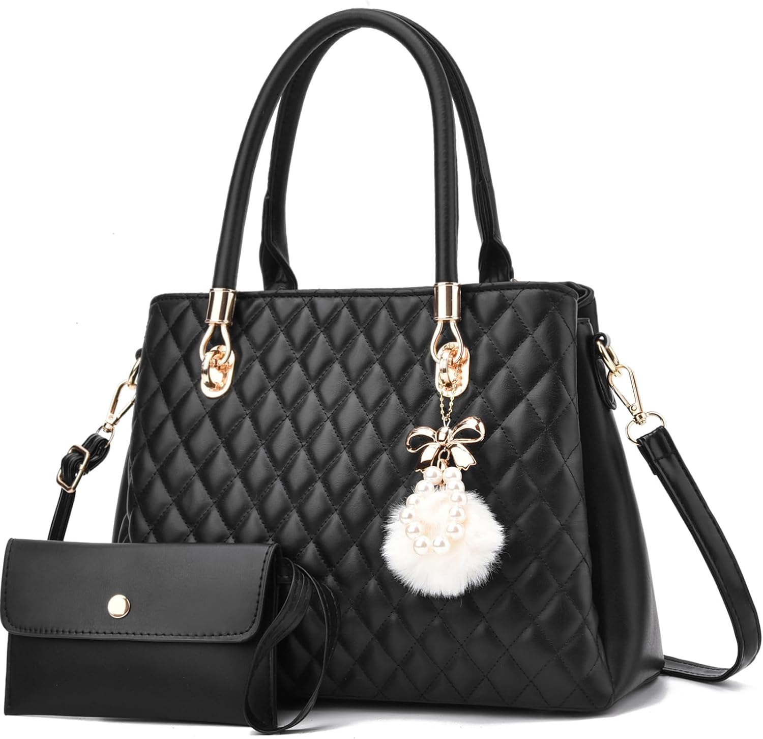 I IHAYNER Womens Leather Handbag and Wallet Set Top Handle Tote Satchel Shoulder Bag for Ladies with Pompom 2 Piece Purse Set