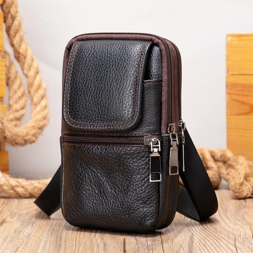 Mens Leather Black Waist Pouch, Crossbody Bag Men, Vertical Cell Phone Belt Loop Holster Smartphone Shoulder Messenger Bag Zipper Cross Body Purse Handbag Wallet