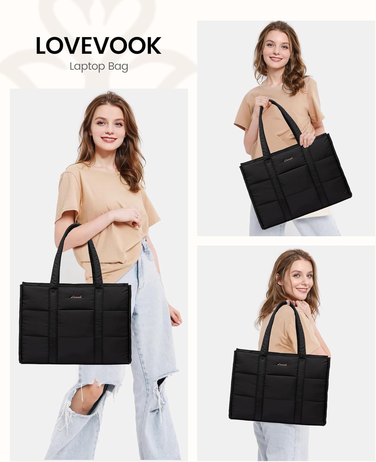 LOVEVOOK Tote Bags for Women, Puffer Quilted Work Bag Ladies Handbags with Zip, Large Womens Totes Hand Bag with Laptop Compartments for School Uni Teacher College