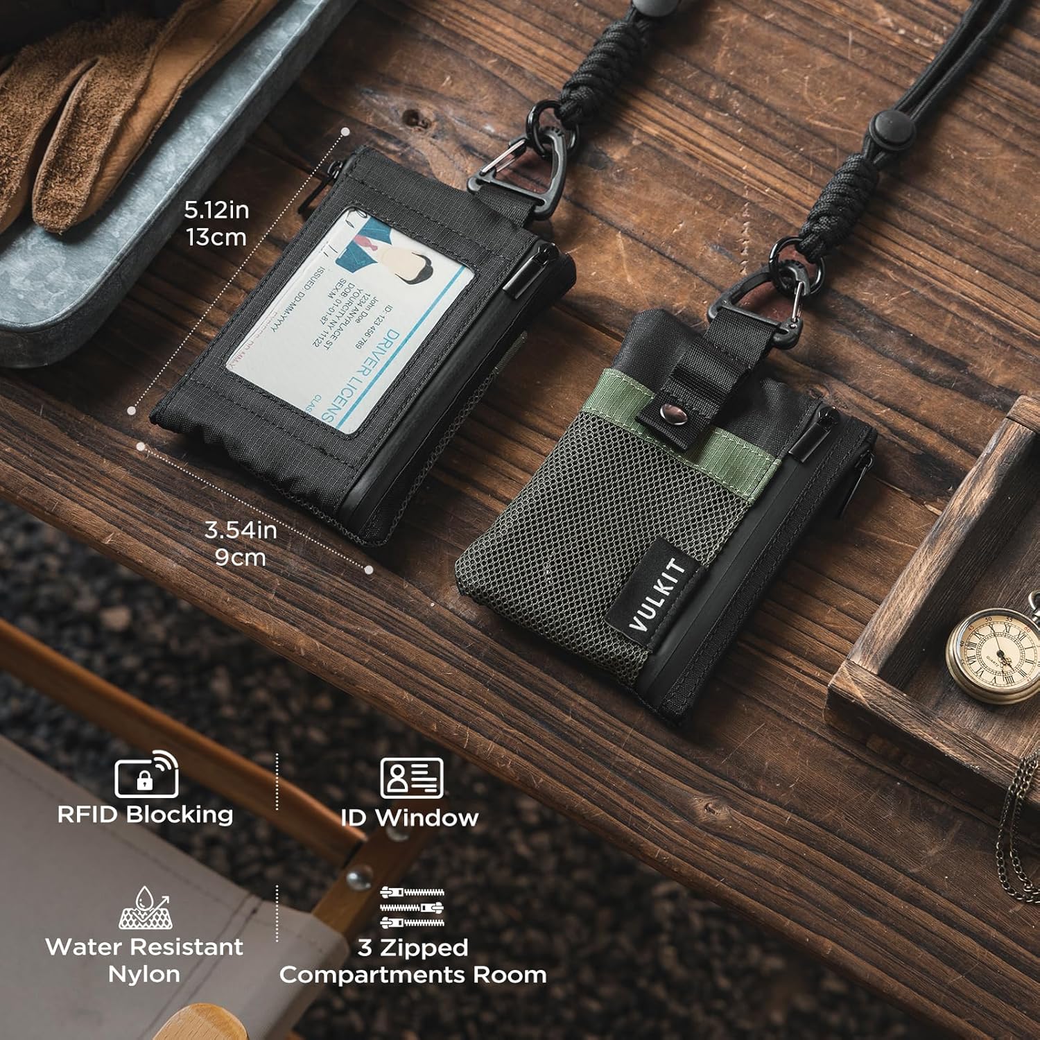 VULKIT Minimalist Small Wallet with ID Window, RFID Blocking Card Holder Water Resistant Zip ID Card Case Wallet with Lanyard Keychain for Cards,Cash,Key, Coin (Army-Green-Black)