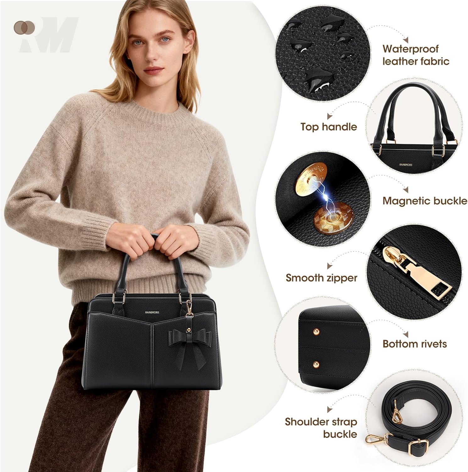 RAINSMORE Handbags for Women PU Leather Designer Handbags for Women Elegant Top Handle Shoulder Bag Tote Bag for Casual Travel