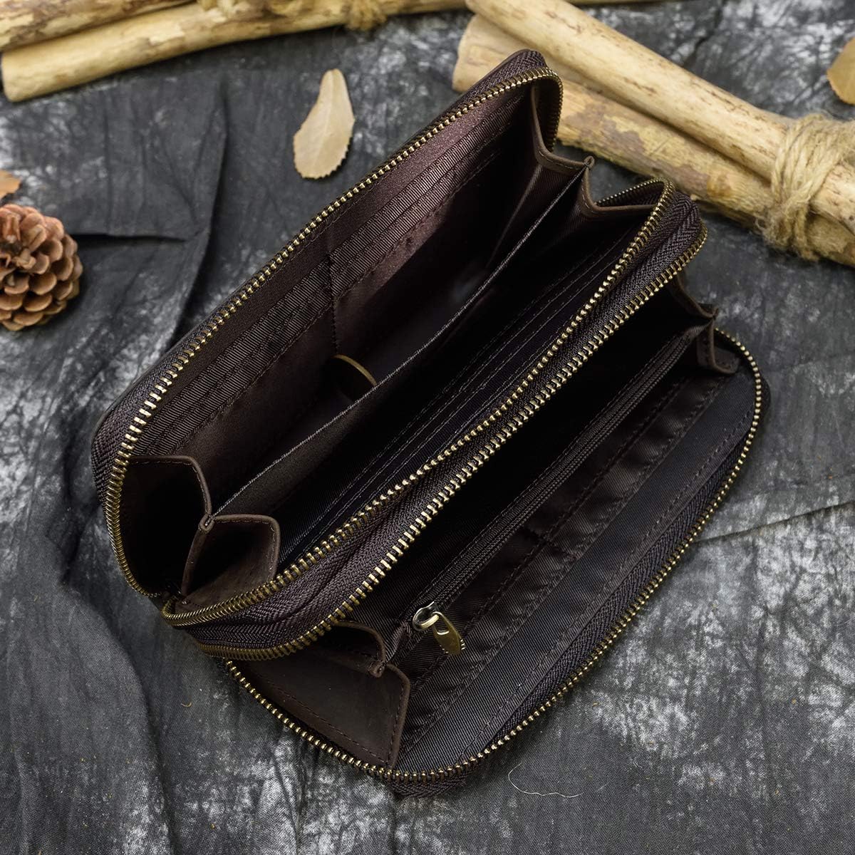 LUUFAN Men's Genuine Leather Long Wallet with Zipper Pocket Vintage Bifold Checkbook Purse