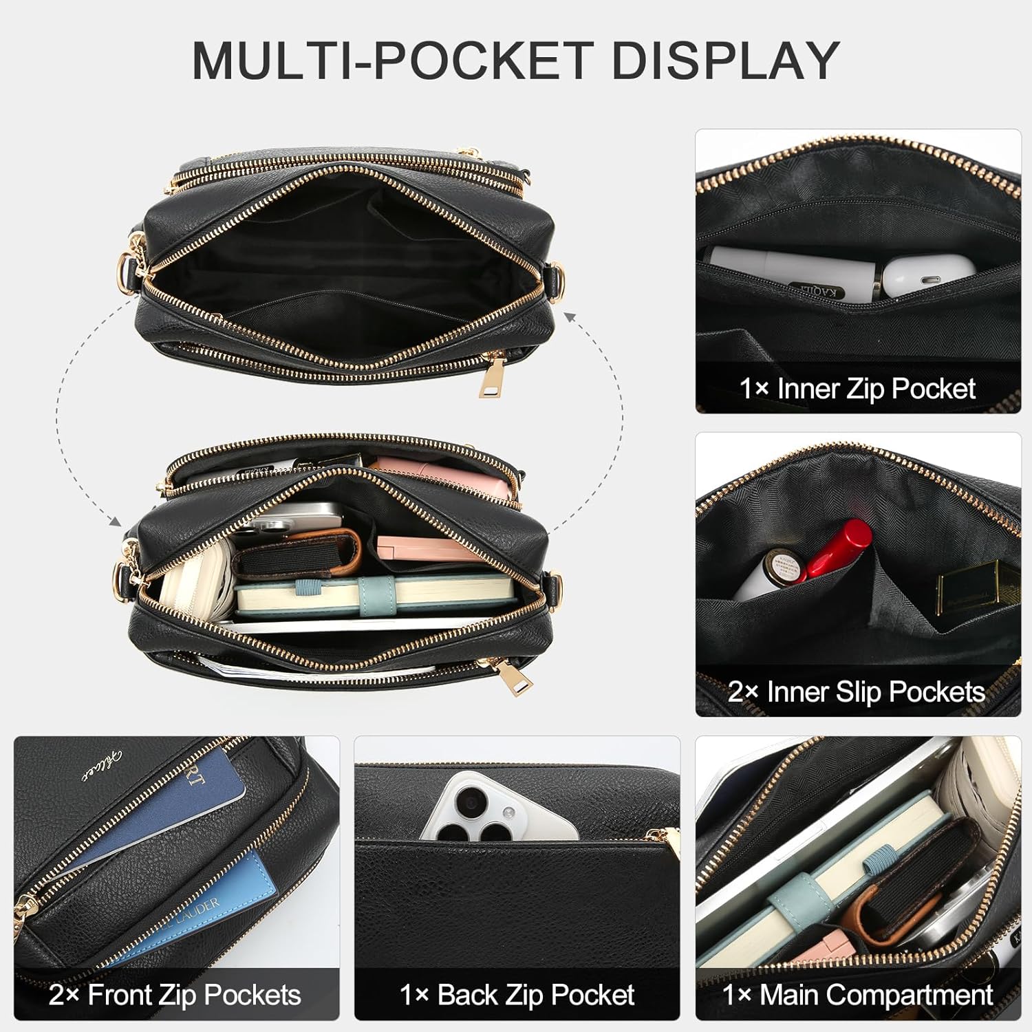 HILAEX Women's Cross Body Bags, Crossbody Bags for Women with Anti-Theft Function 4 Zip Compartments Women Shoulder Handbags with Adjustable Wide Strap