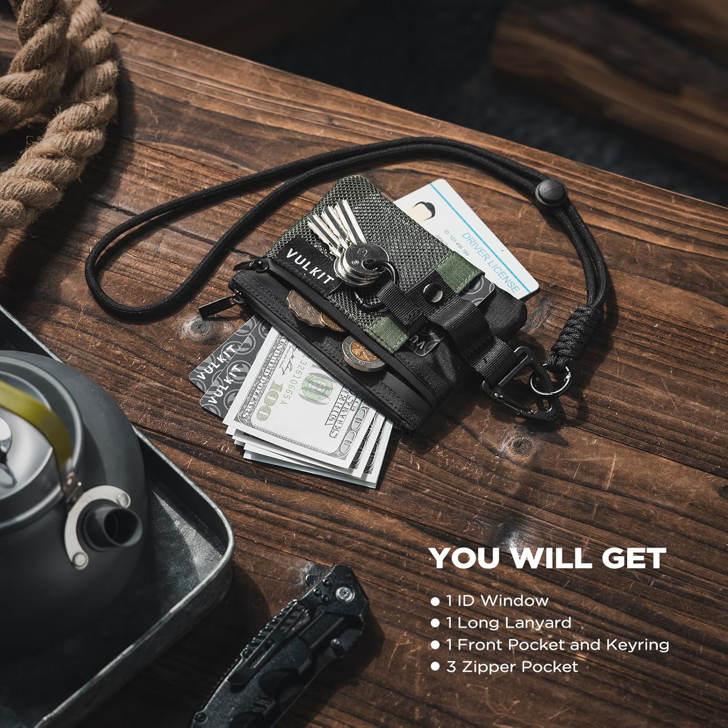 VULKIT Minimalist Small Wallet with ID Window, RFID Blocking Card Holder Water Resistant Zip ID Card Case Wallet with Lanyard Keychain for Cards,Cash,Key, Coin (Army-Green-Black)