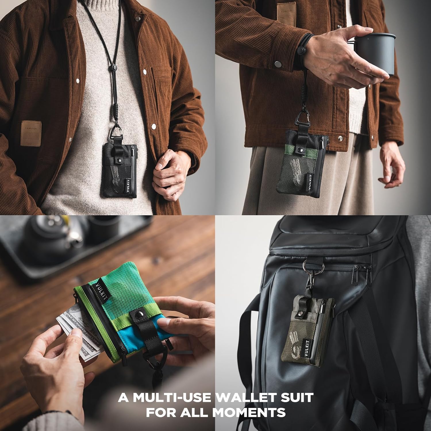 VULKIT Minimalist Small Wallet with ID Window, RFID Blocking Card Holder Water Resistant Zip ID Card Case Wallet with Lanyard Keychain for Cards,Cash,Key, Coin (Army-Green-Black)